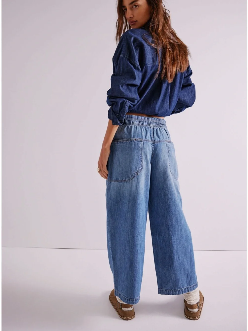 Free People Medium & Dark Blue Denim Wide-Leg Drawstring Jeans